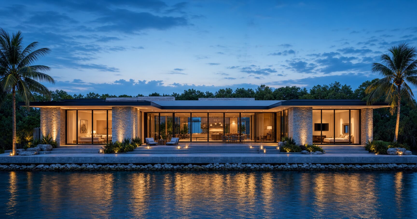 Coastal modern residence in Cutler Bay at blue hour