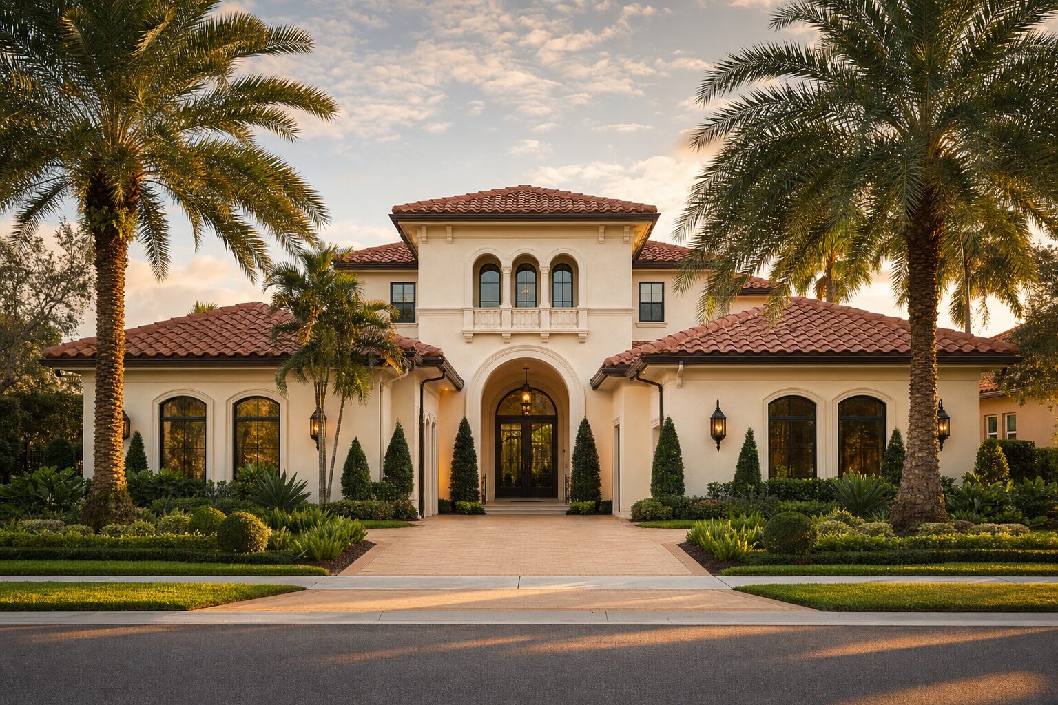 Mediterranean estate in Doral, cream stucco walls at golden hour