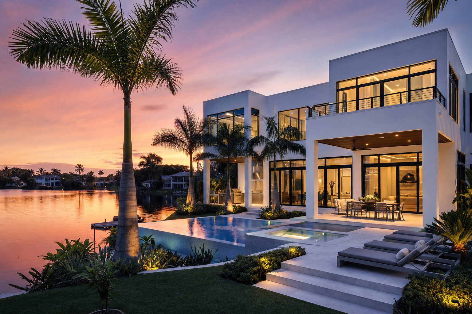 Contemporary lakefront home in Miami Lakes at dusk