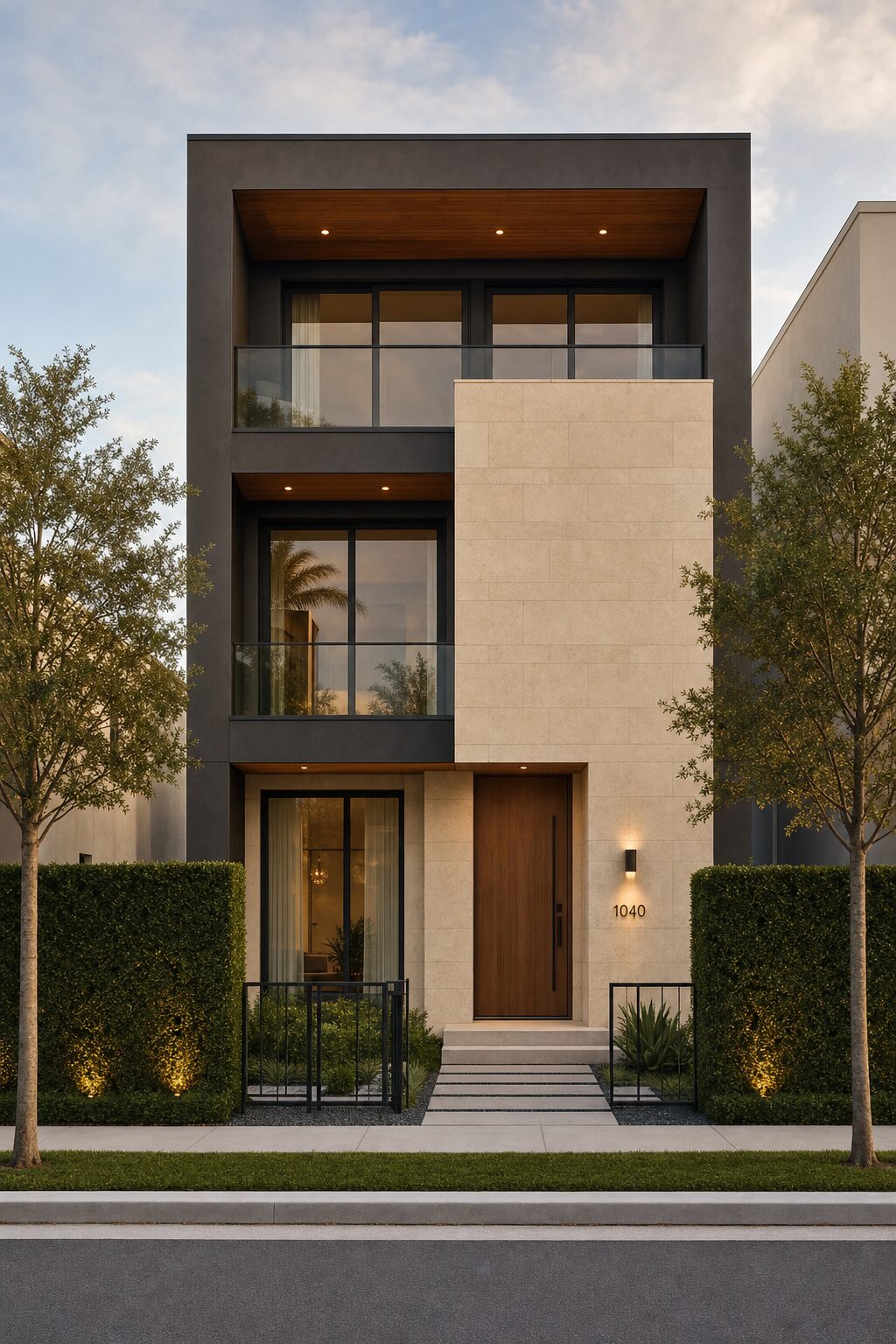 Modern townhome in West Miami with limestone facade